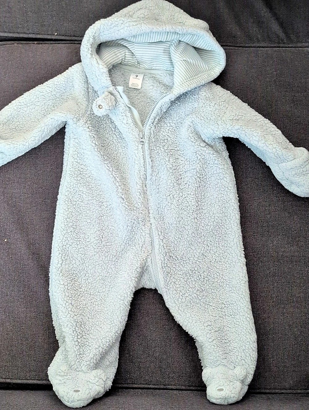 GUC Carter's Sherpa Bear Ear Lined Hooded Footie Blue Baby 9M